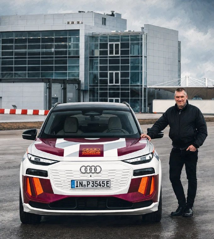 Rune beside a camouflaged Audi Q6 e-tron during a test before its world premiere.