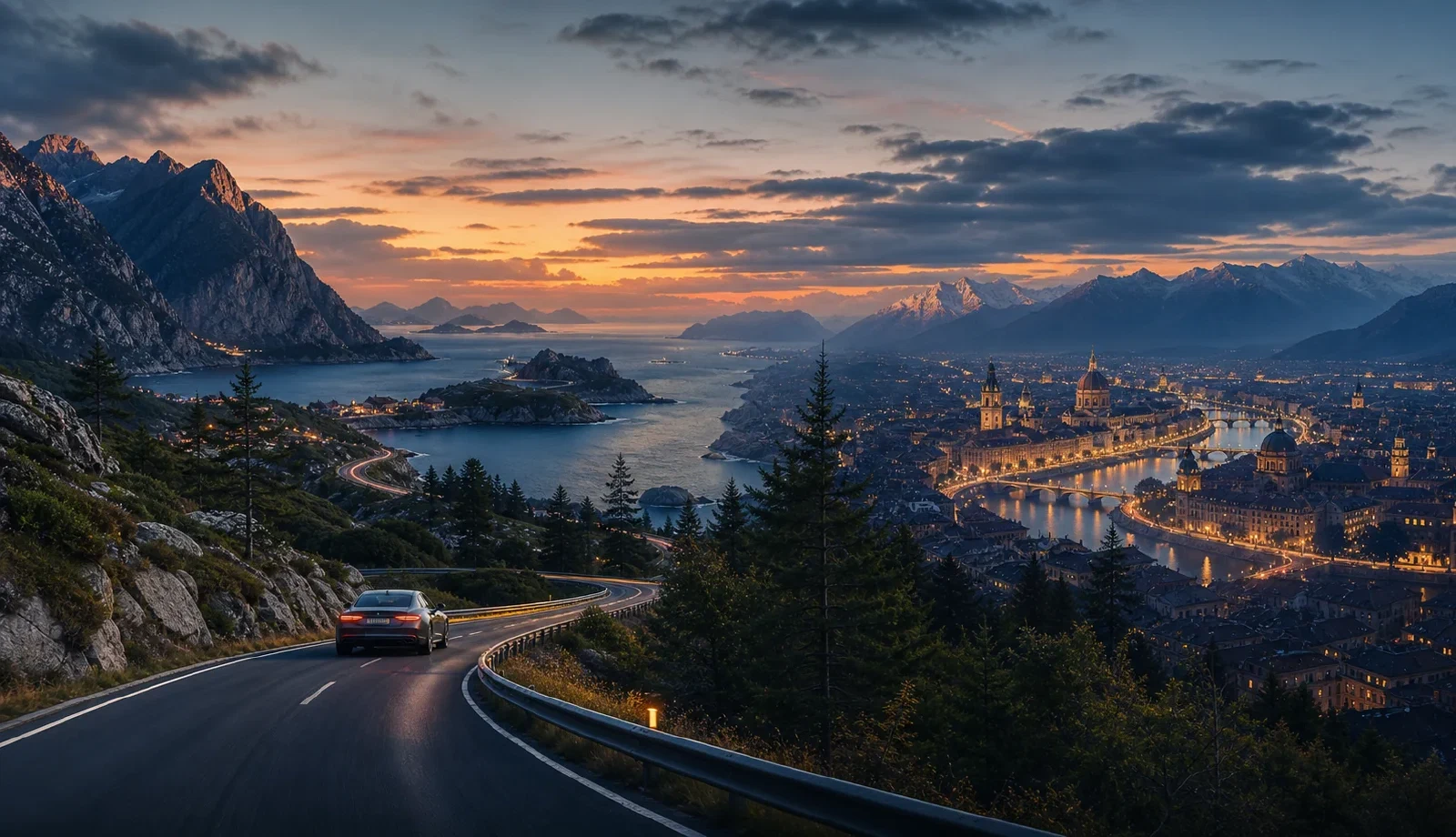 Digital travel illustration of an electric car heading from a Nordic coast towards European cities and mountains.