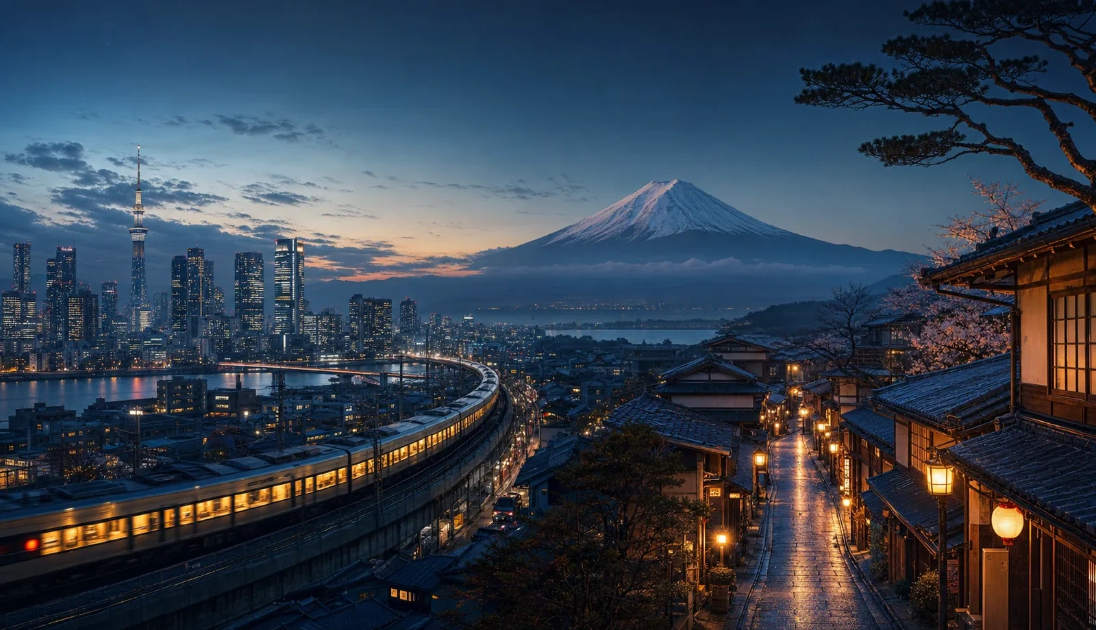 Digital travel illustration combining Tokyo, Mount Fuji, a train and a traditional Japanese street at dusk.